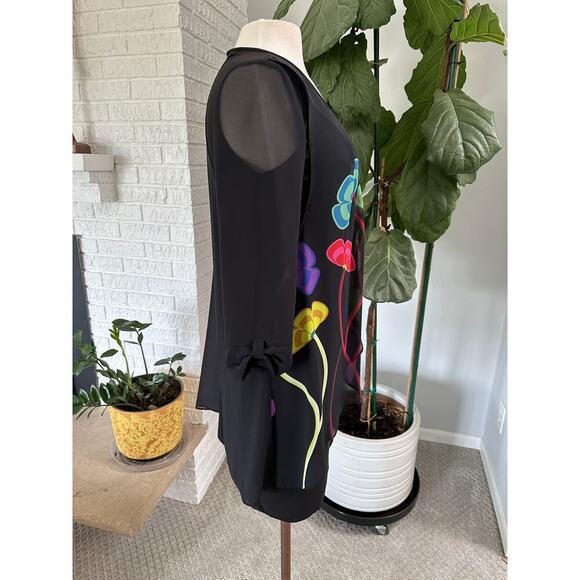 Women LS Black Floral Midi Dress 8 Boho Sheer Lined Quiet Luxury Asymmetric - Picture 5 of 13